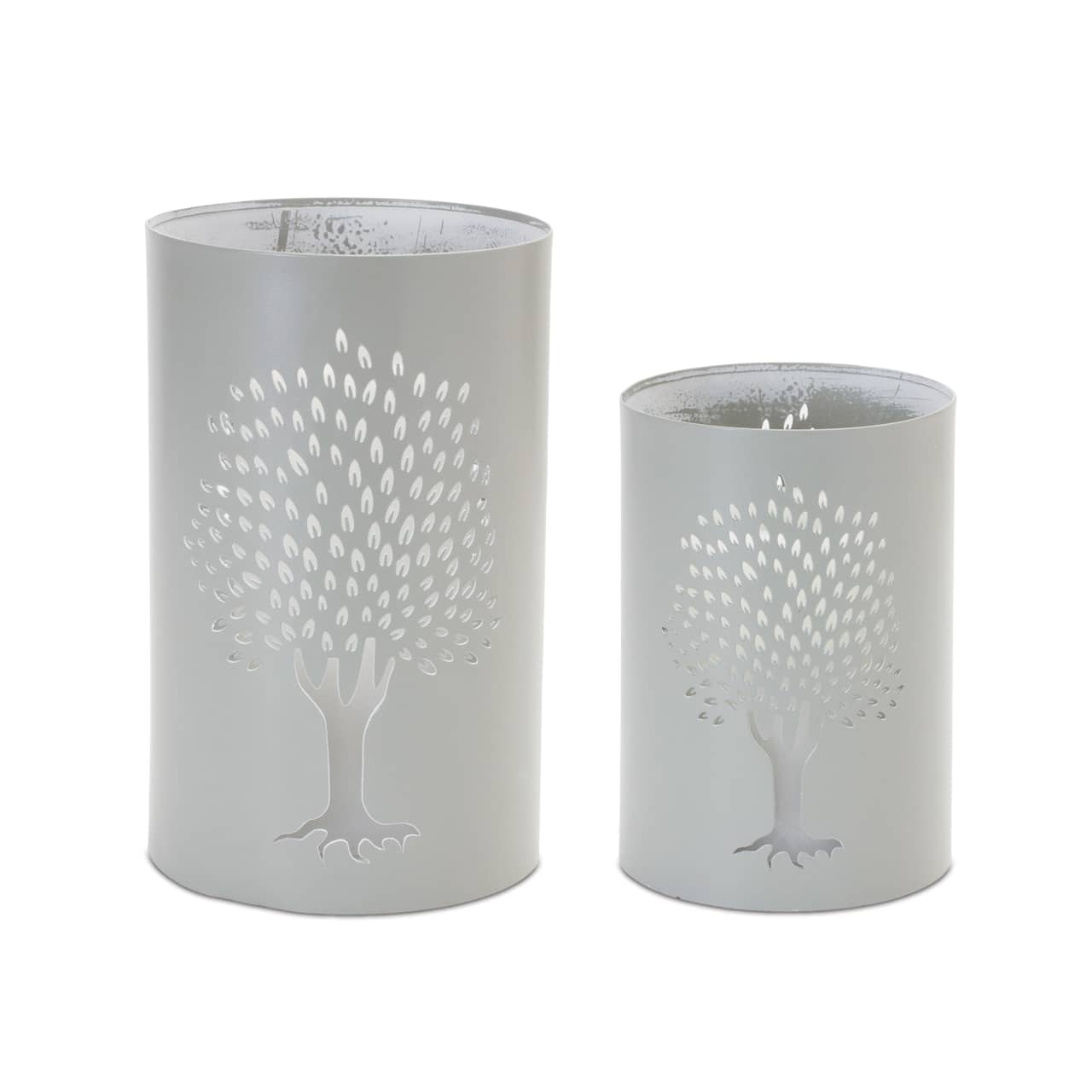 Gray Punched Tree Metal Candle Holder Set